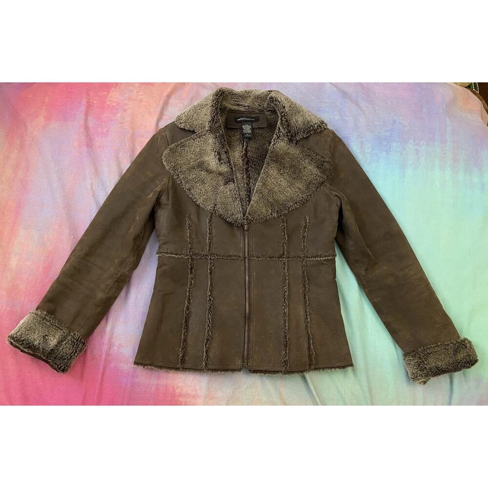 Vintage Y2K Suede Leather Faux Fur Penny Lane Jacket Brown Boho 70s Moda Intl S